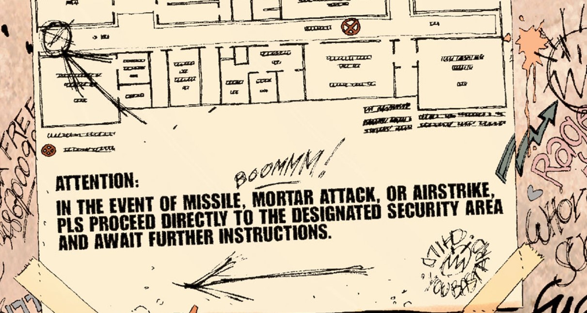 Attention... In the event of missile, mortar attack, or airstrike, please proceed directly to the designated security area and await further instructions.